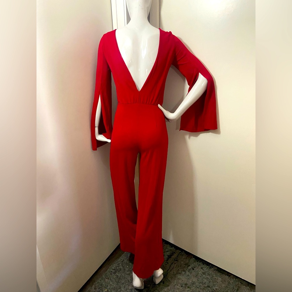 H&M Red Backless Long-sleeve Jumpsuit w/ Silts in Sleeves.